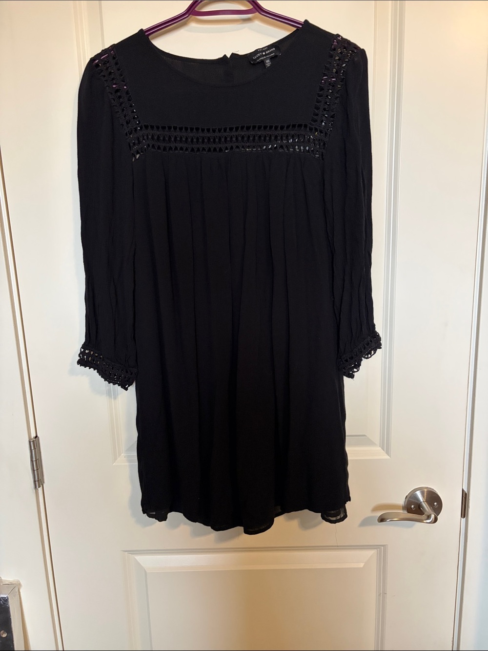 Lucky Brand Black Crochet-Trim Long Sleeve Dress